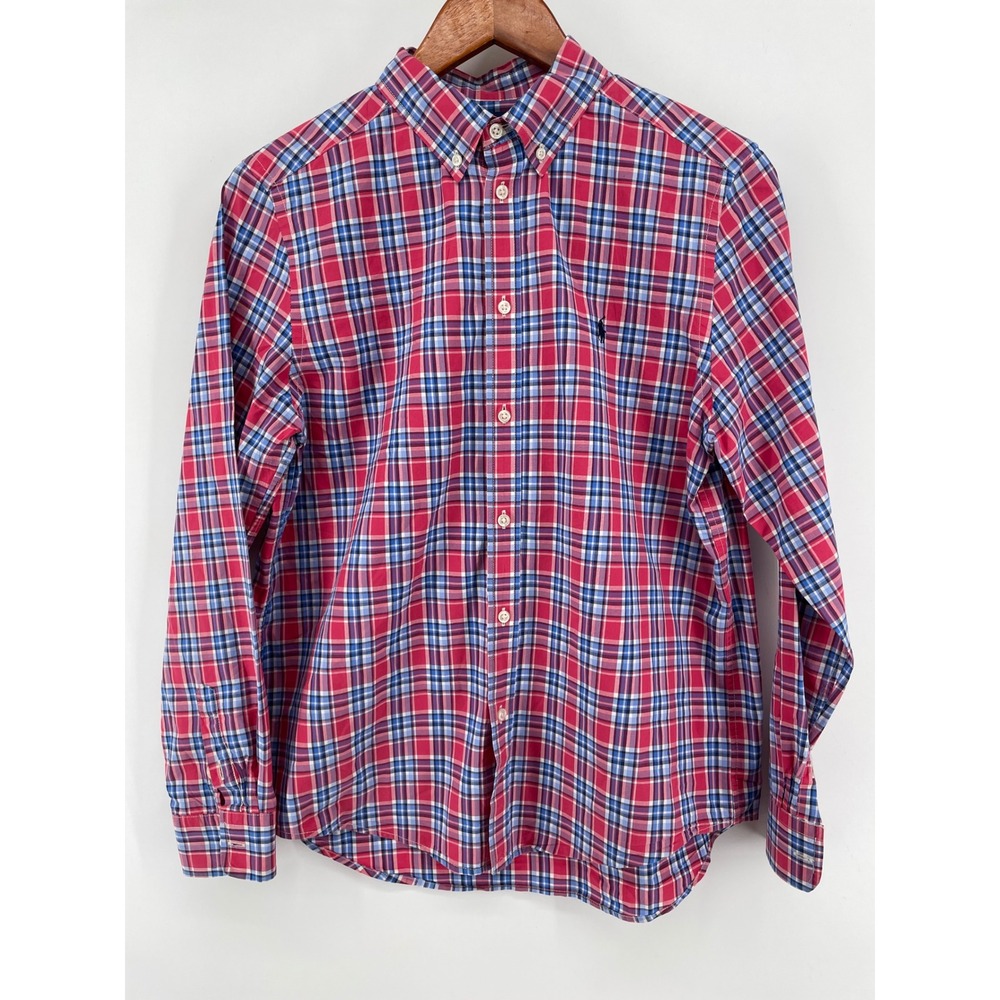 Ralph Lauren Button Down Shirt Boys XL 18-20 Red Blue Plaid Long Sleeve Pony